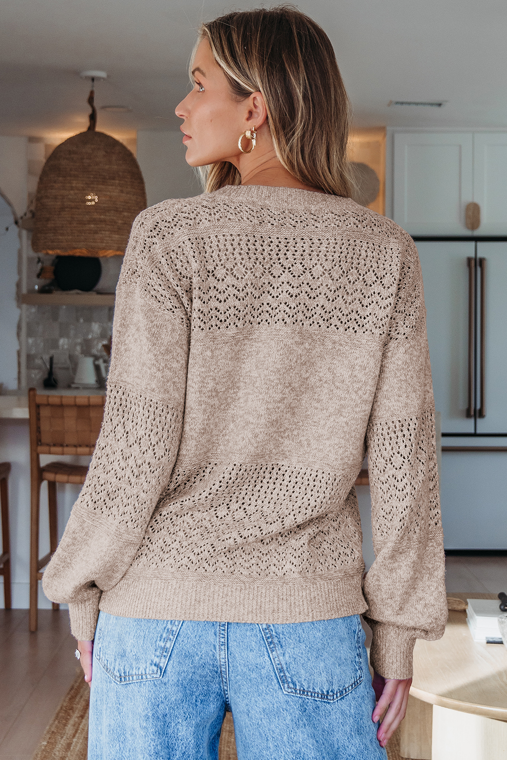 Sky Blue Eyelet Pattern Detail V Neck Drop Shoulder Sweater - loveforevers