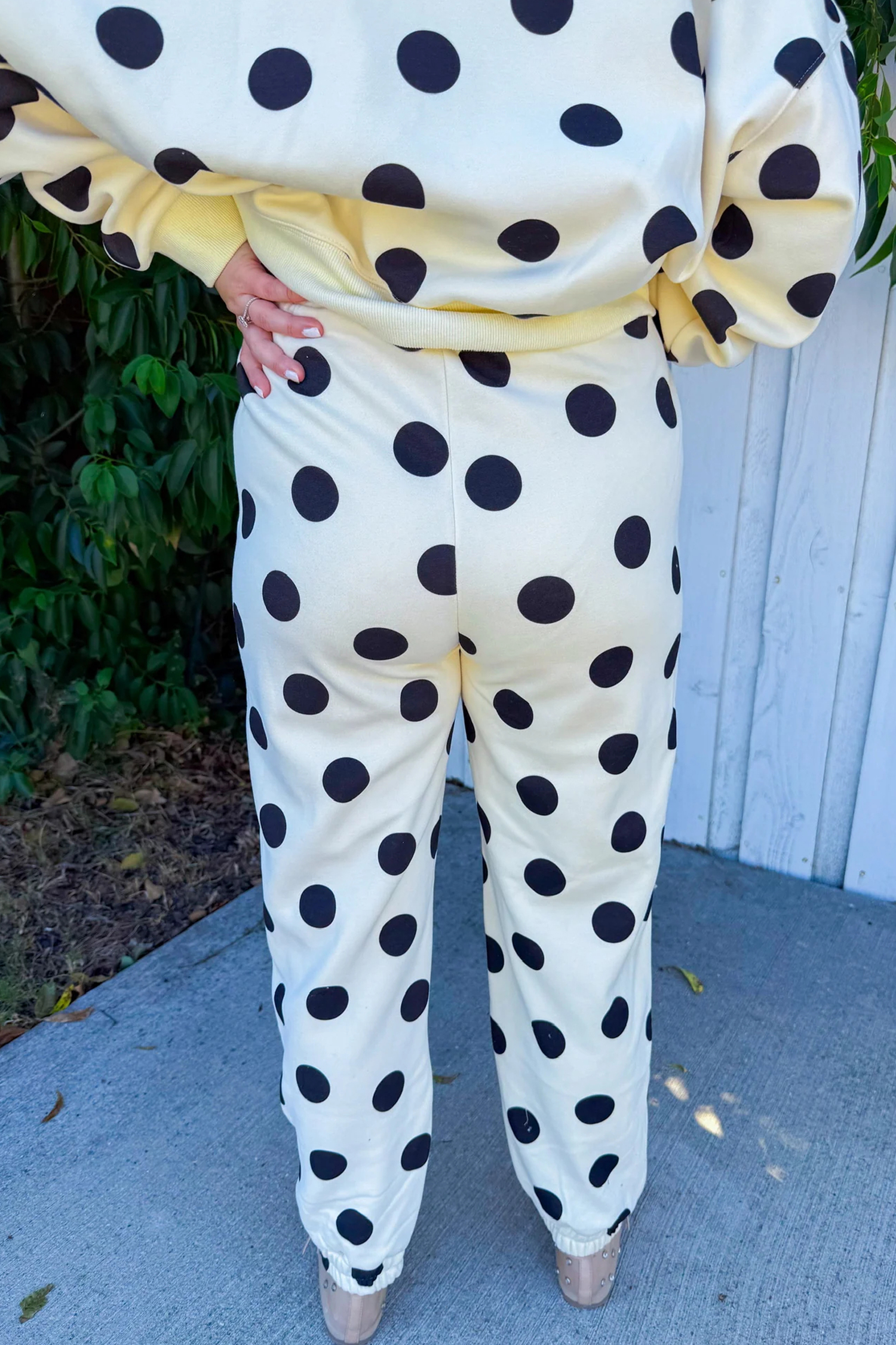Beige Polka Dot Print Drop Shoulder Pullover Drawstring Jogger Pant Set - loveforevers