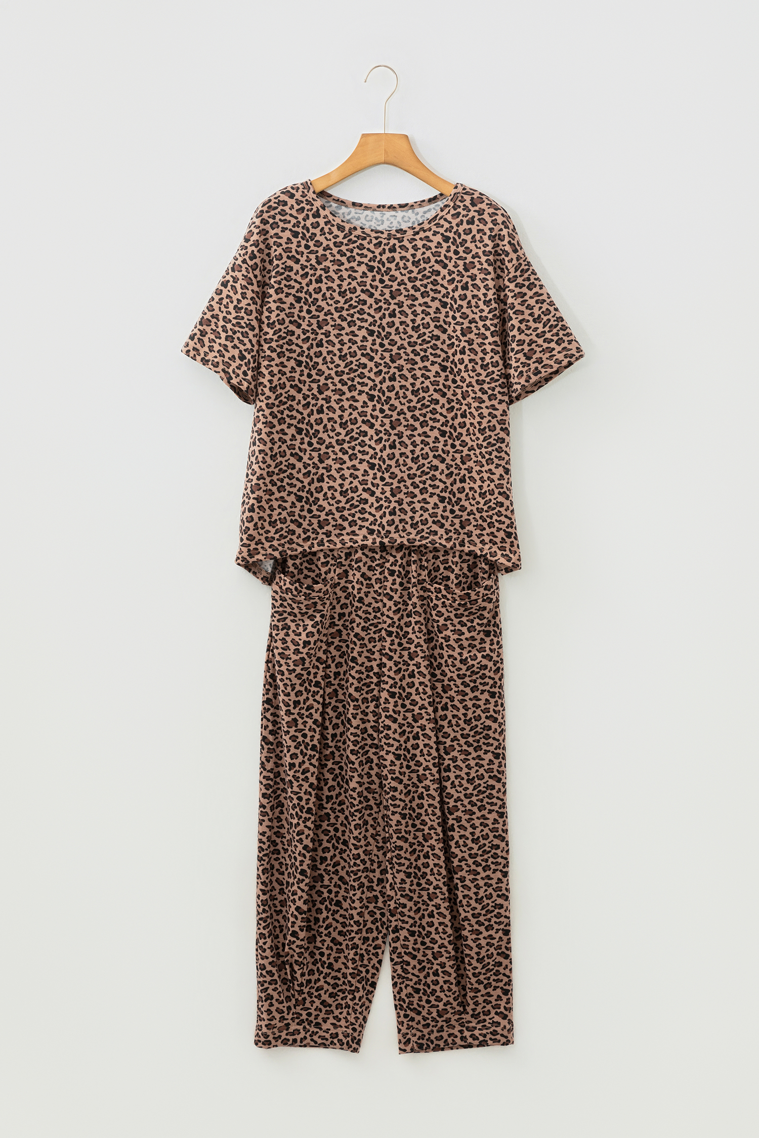 Brown Leopard Loose Tee Drawstring Waist Barrel Pants Set - loveforevers