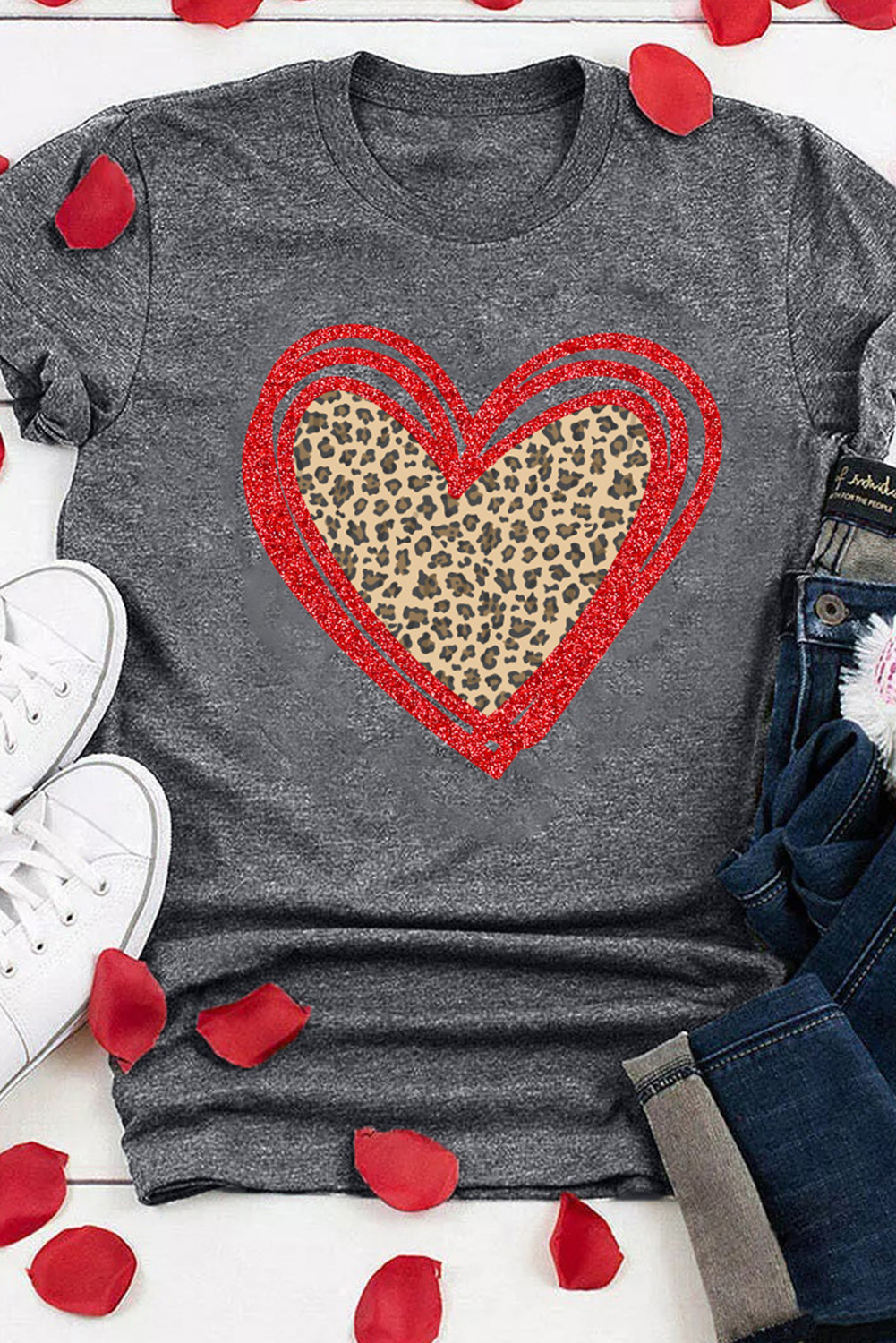 Gray Sequin Leopard Heart Graphic T-shirt - loveforevers