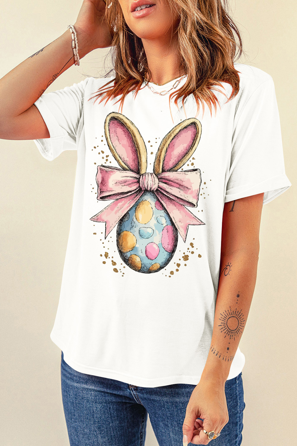 White Easter Egg Bow Bunny Ear Printed T Shirt - loveforevers