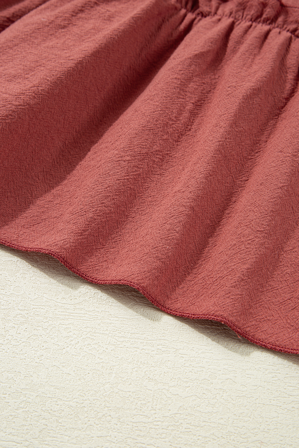 Red Sandalwood Geometric Stitch Shirred Bodice Ruffled Trim Sleeveless Mini Dress - loveforevers
