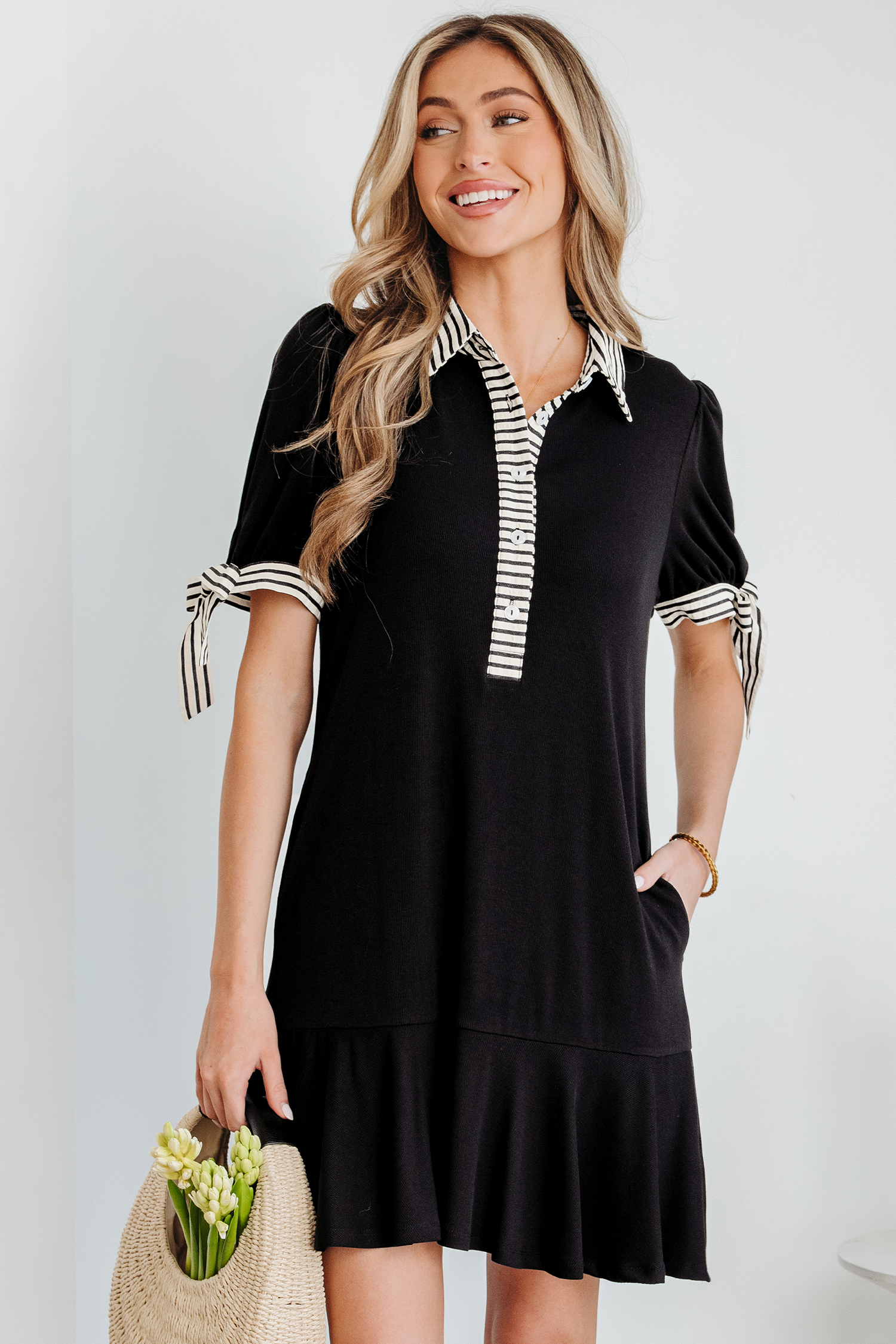 Black Stripe Detail Polo Collar Half Buttons Tied Short Sleeve Shift Mini Dress - loveforevers