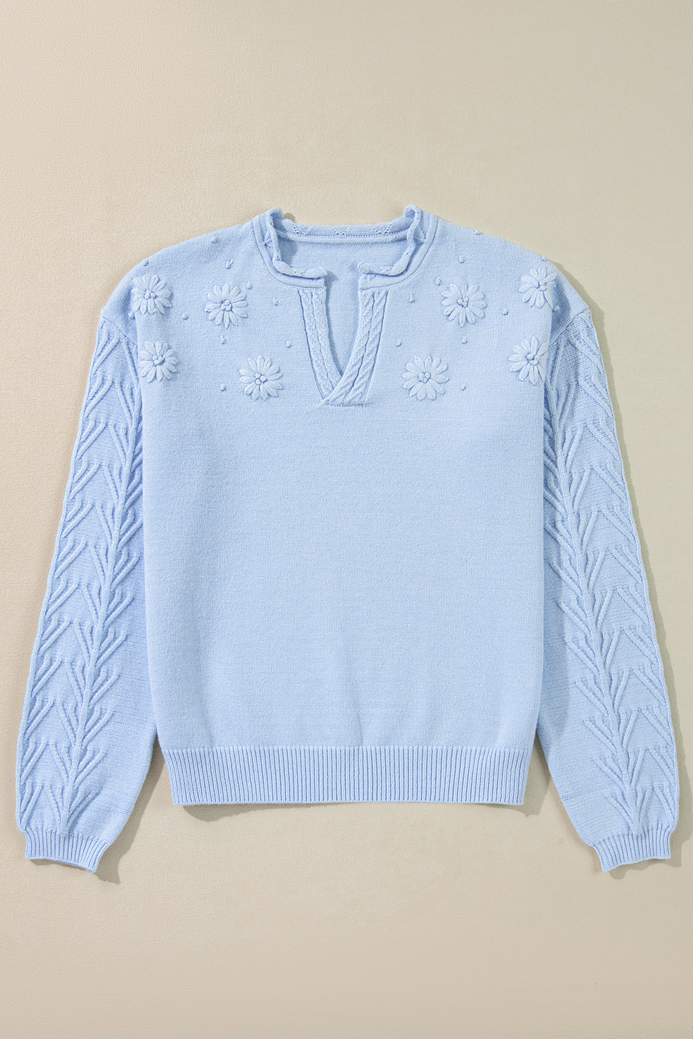 Beau Blue Flower Detail Knitted Notched Neck Sweater - loveforevers