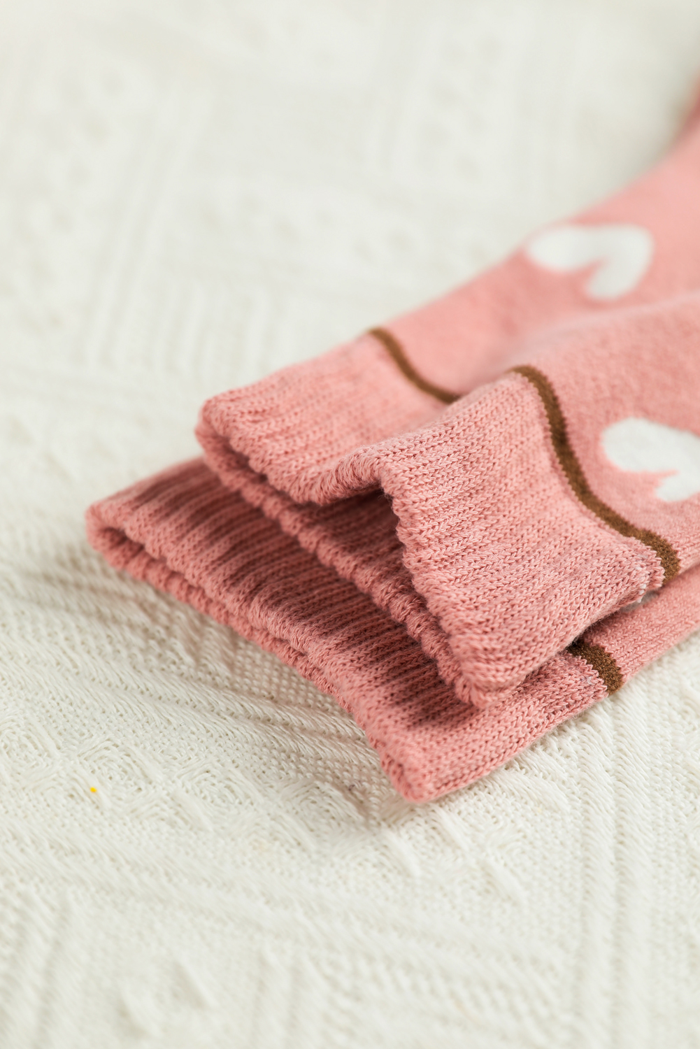 Pink Contrast Heart Print Ribbed Cuff Womens Crew Socks - loveforevers