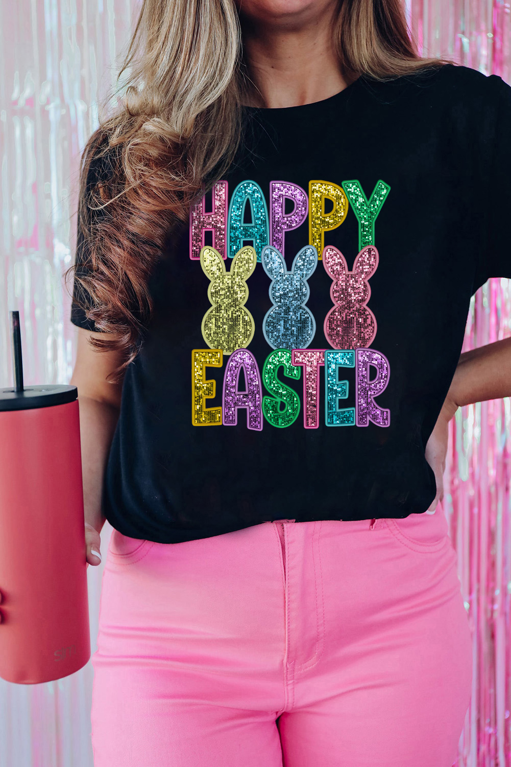 Black Glittering Bunny HAPPY EASTER Graphic T Shirt - loveforevers