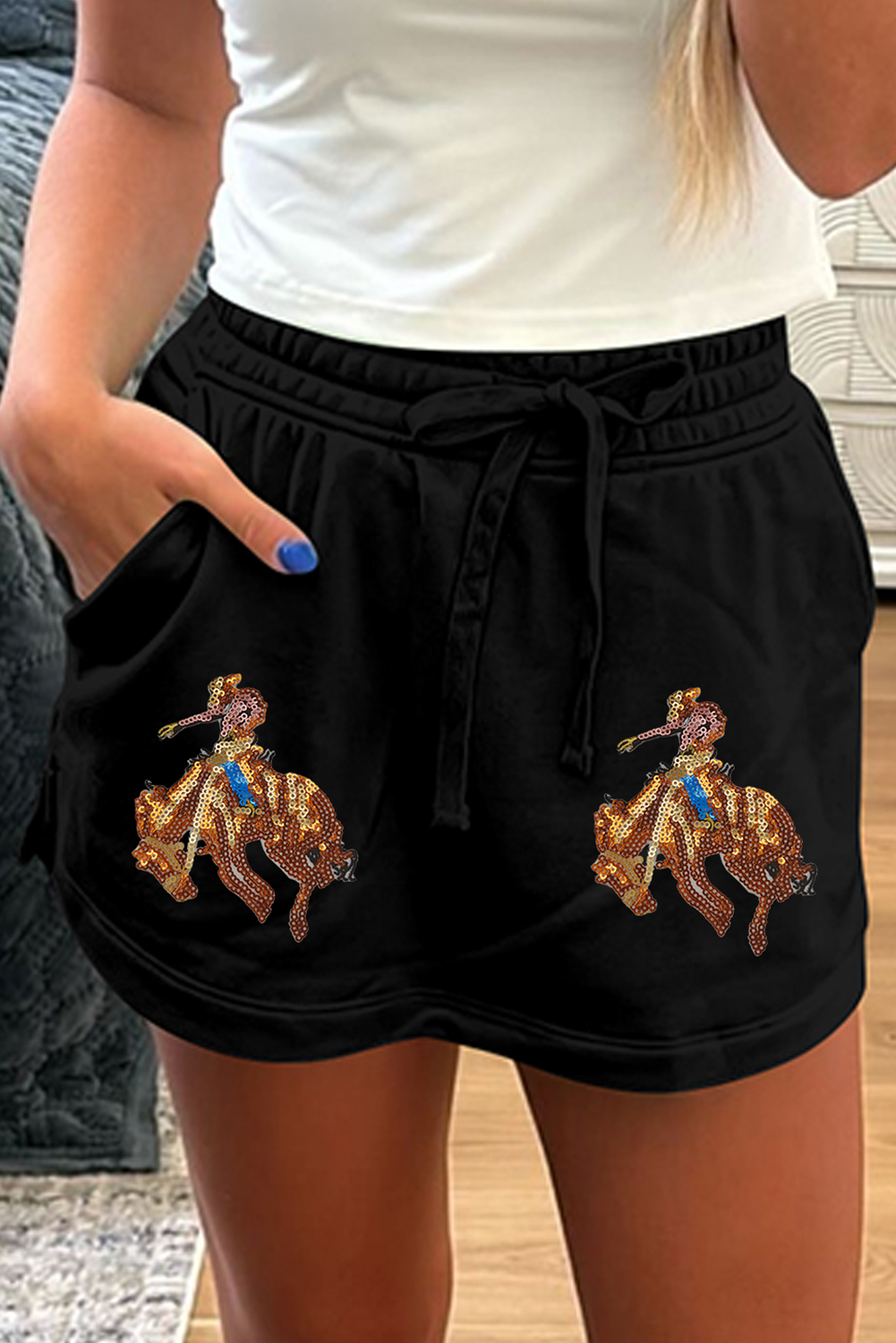 Black Sequin Western Cowboy Patched Lace-up High Waist Skort - loveforevers