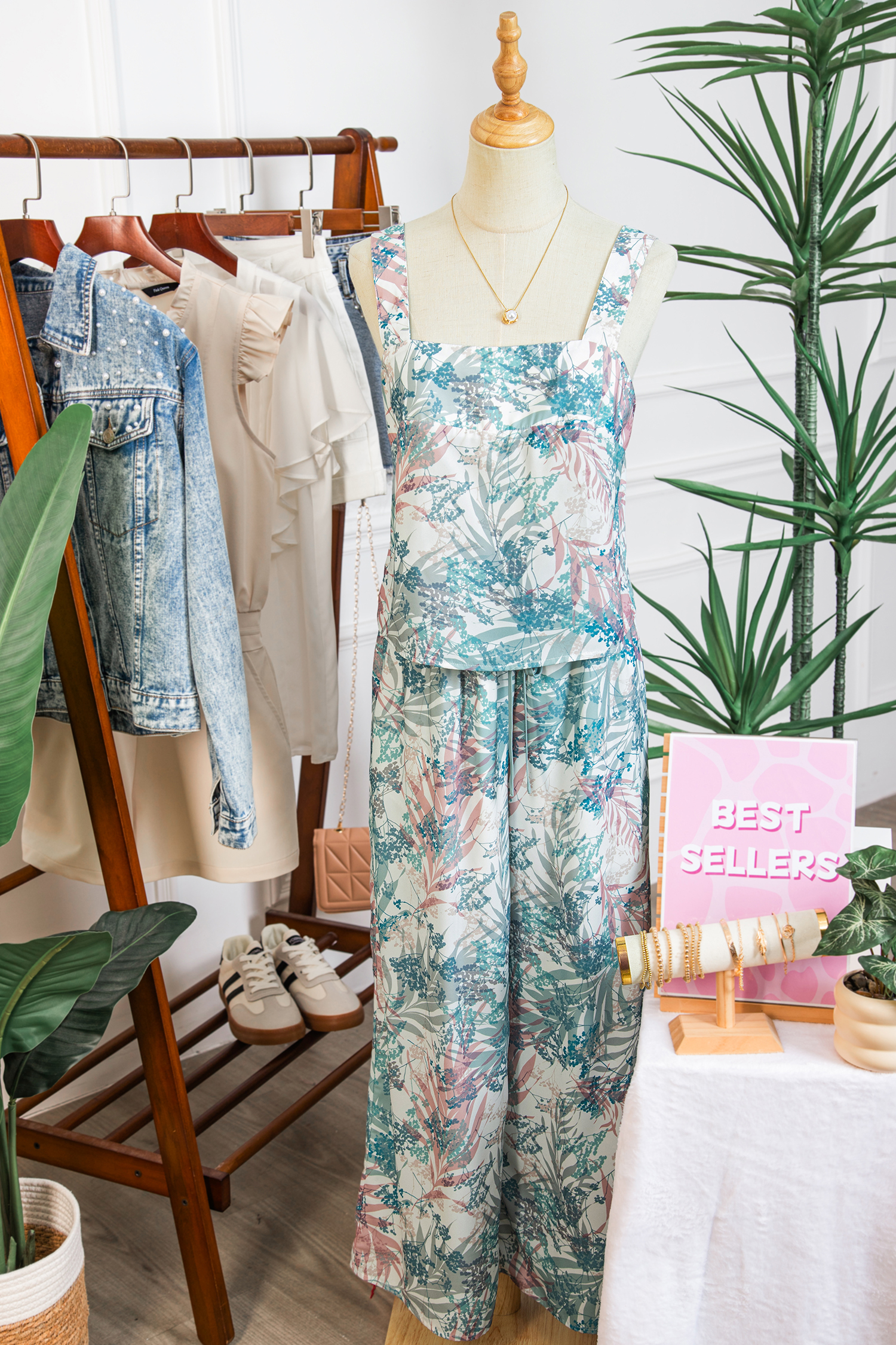 Green Tropical Palm Printed Cropped Tank Drawstring Wide Leg Pant Set - loveforevers