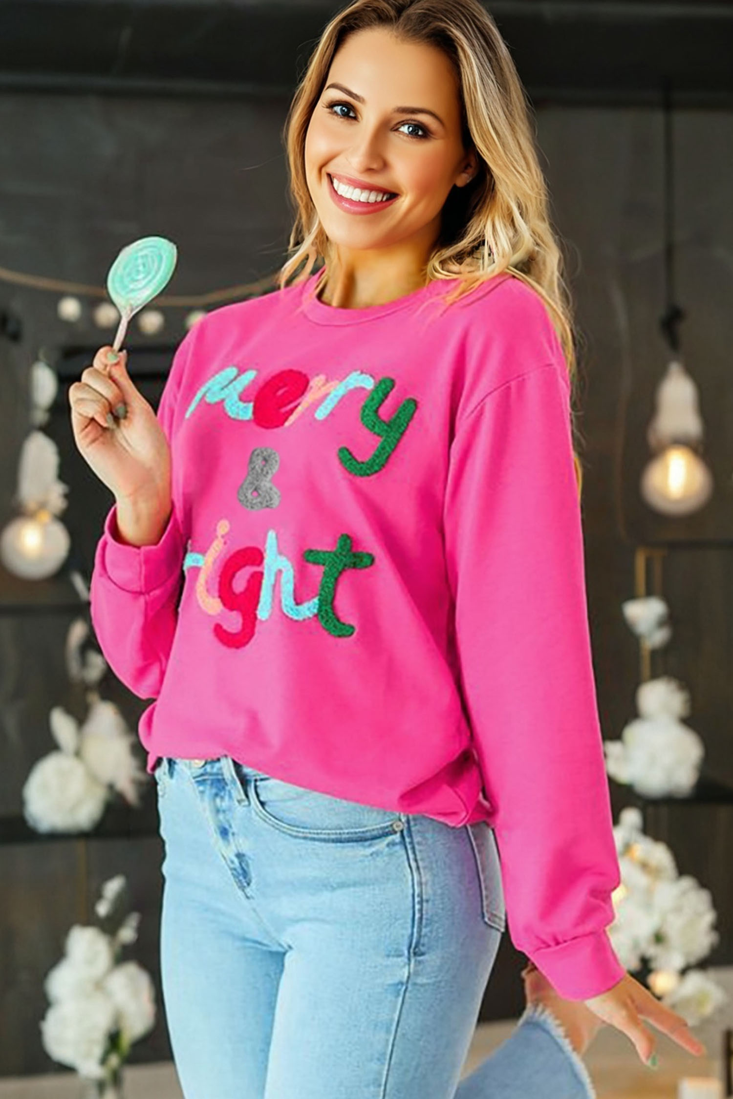 Rose Red Merry & Bright Christmas Letter Graphic Sweatshirt - loveforevers