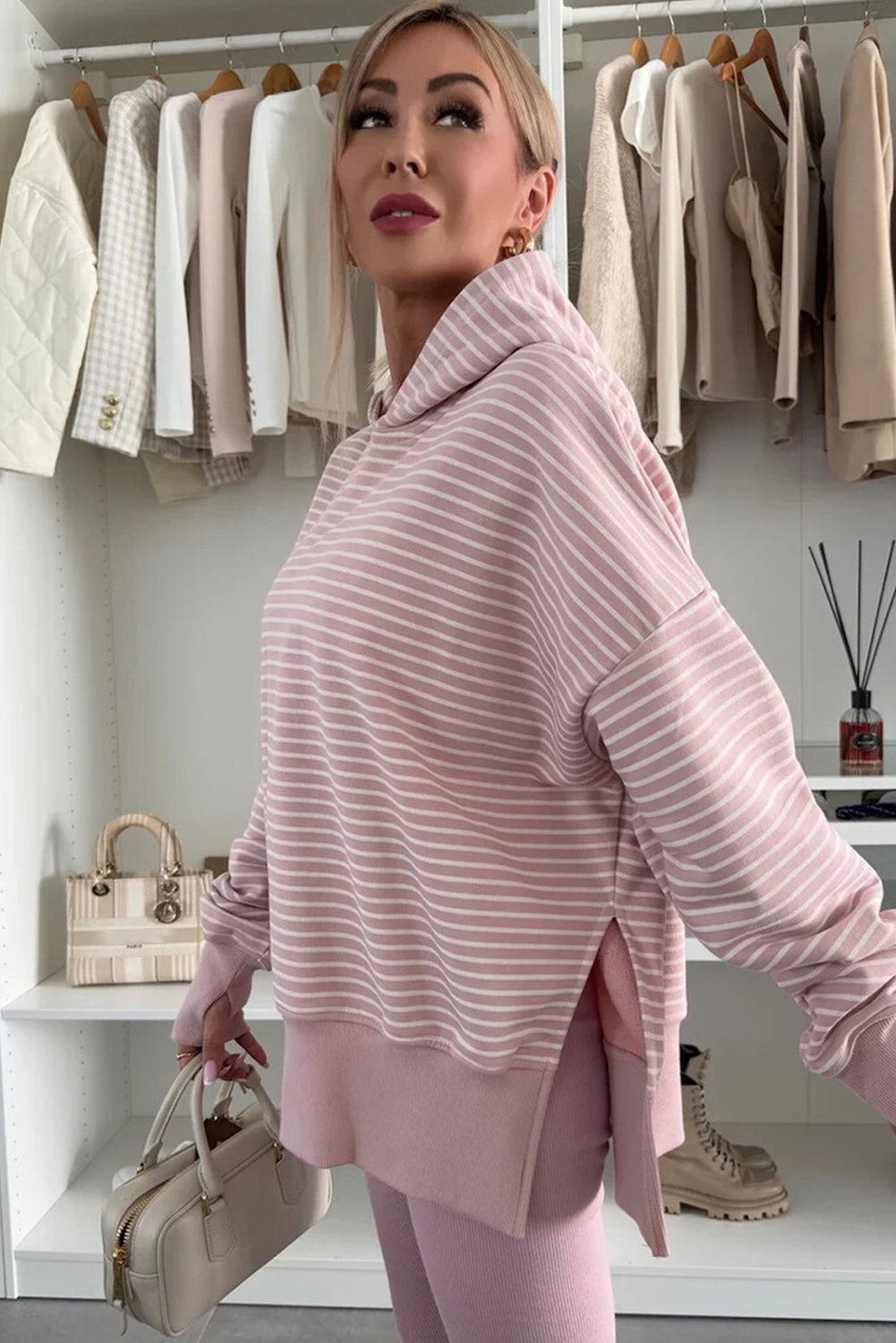 Purple Stripe Thumbhole Side Slits Drop Shoulder Loose Fit Hoodie - loveforevers