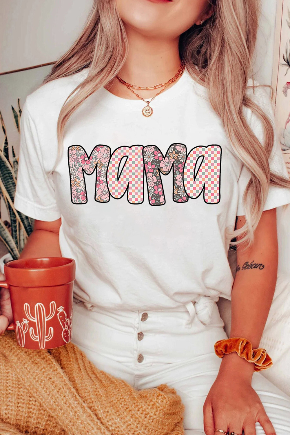 White Checkered Floral MaMa Graphic Crewneck T Shirt - loveforevers