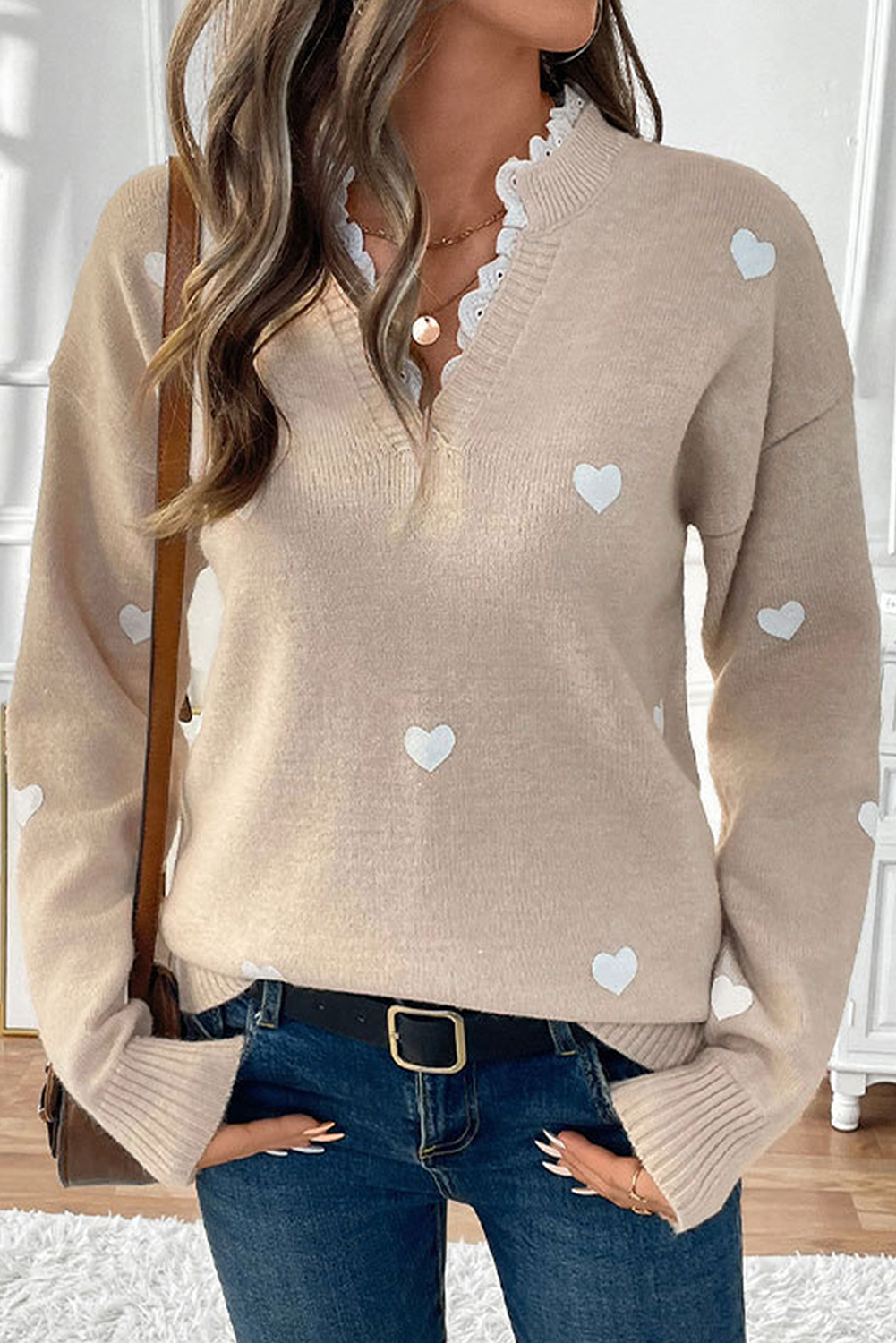 Smoke Gray Heart Print Lace Splicing V Neck Valentines Sweater - loveforevers