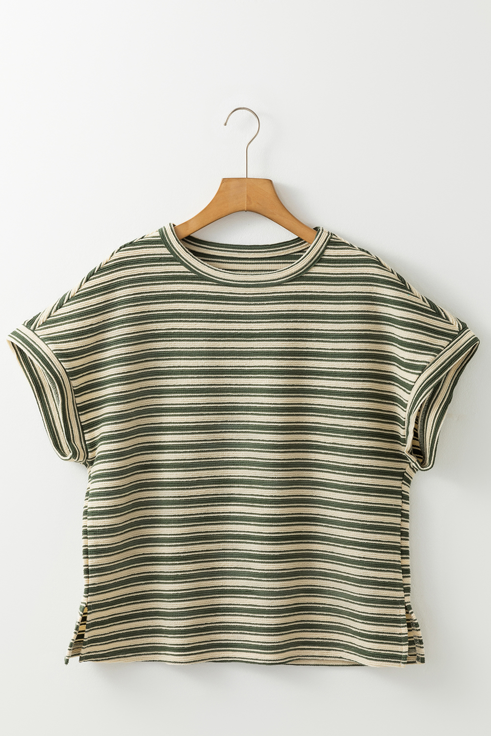 Green Stripe Textured Side Slits Crew Neck T Shirt - loveforevers