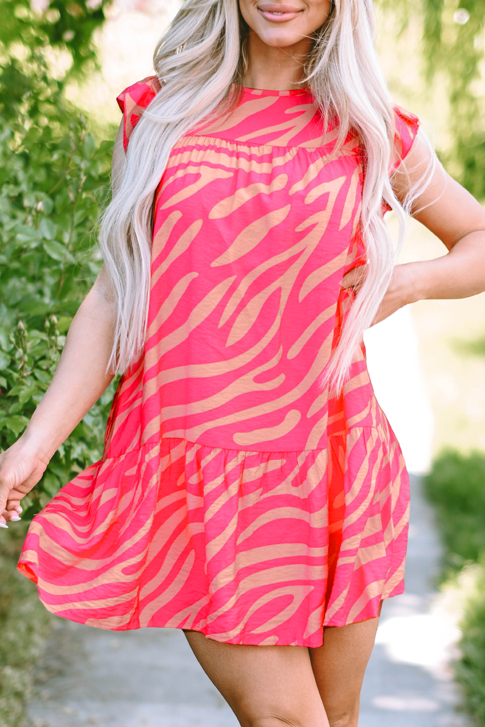 Pink Zebra Stripe Printed Ruffle Trim Pocketed Dress - loveforevers