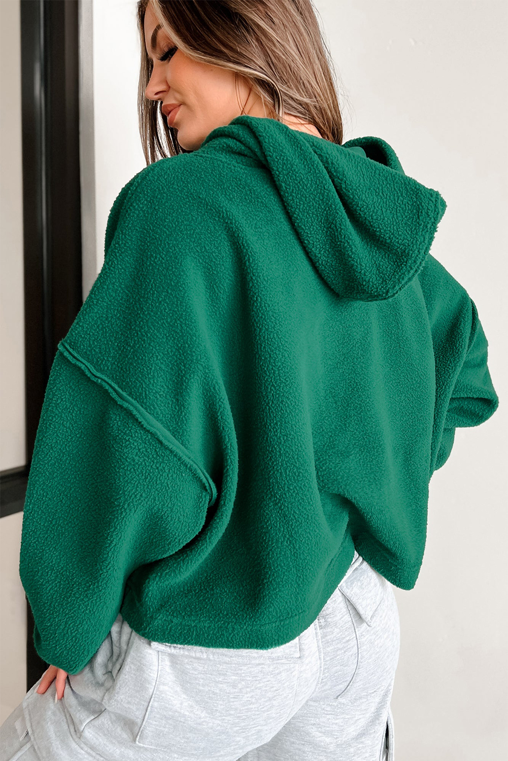 Dark Green Sherpa Fleece Drop Shoulder Hoodie - loveforevers