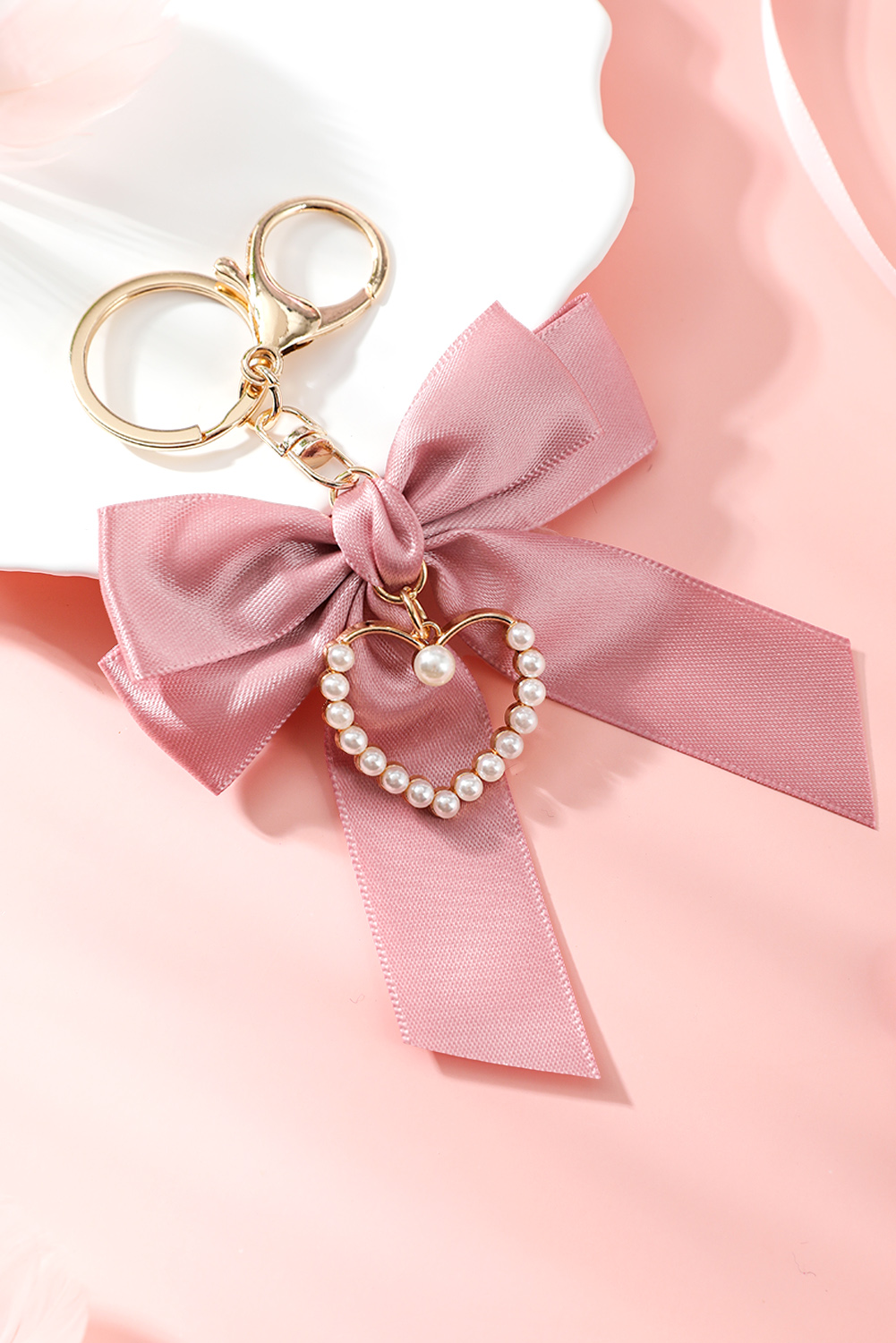 Pink Pearl Heart Large Bow Knot Keychain - loveforevers