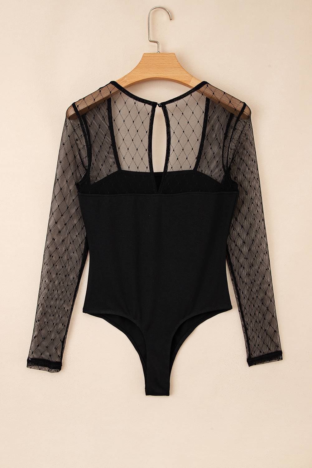 Black Polka Dot Mesh Long Sleeve Square Neck Bodysuit - loveforevers