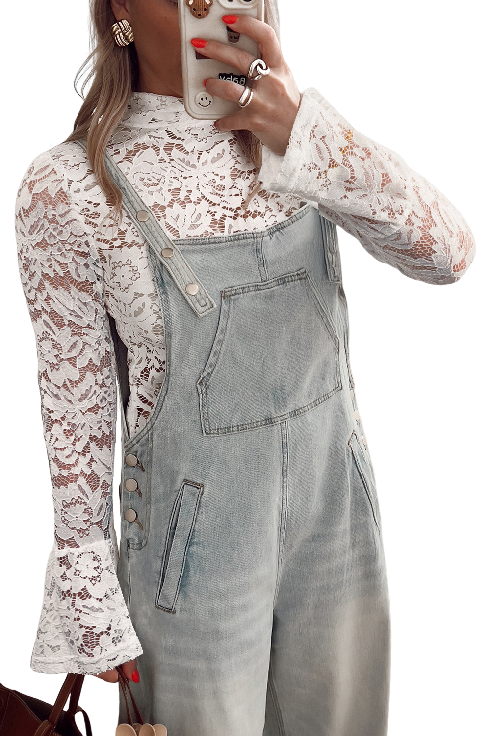 White Lace Crochet Bell Sleeve Mock Neck Blouse - loveforevers