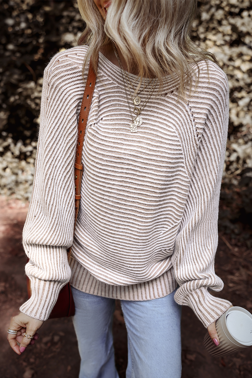 Coffee Striped Print Ribbed Knit Boat Neck Baggy Sweater - loveforevers