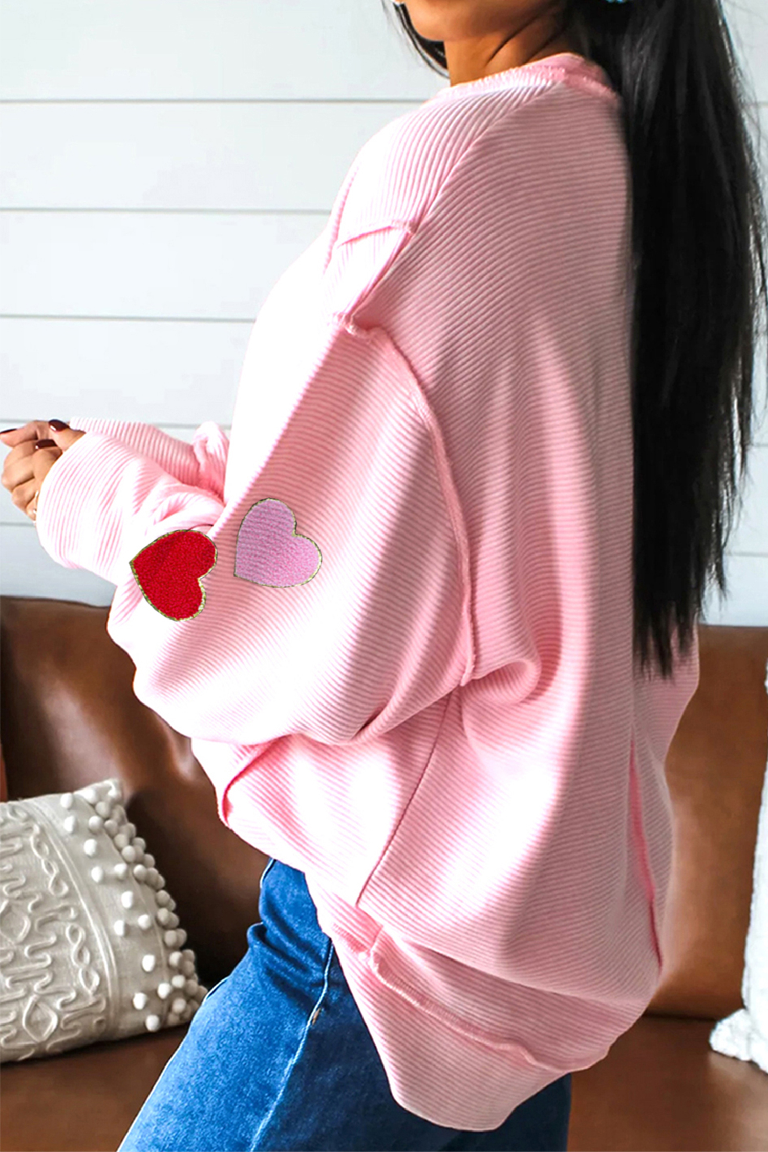 Pink Ribbed Texture Chenille Heart Glitter Trim Patched Long Sleeve Top - loveforevers