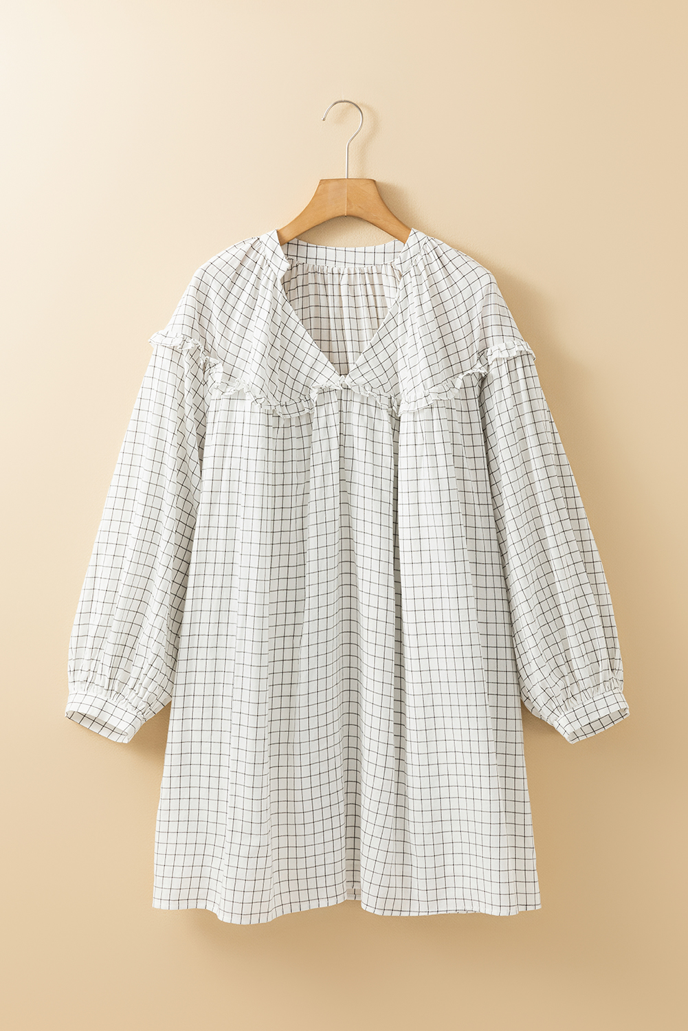 White Stripe Checkered Frilled V Neck Bracelet Sleeve Babydoll Dress - loveforevers