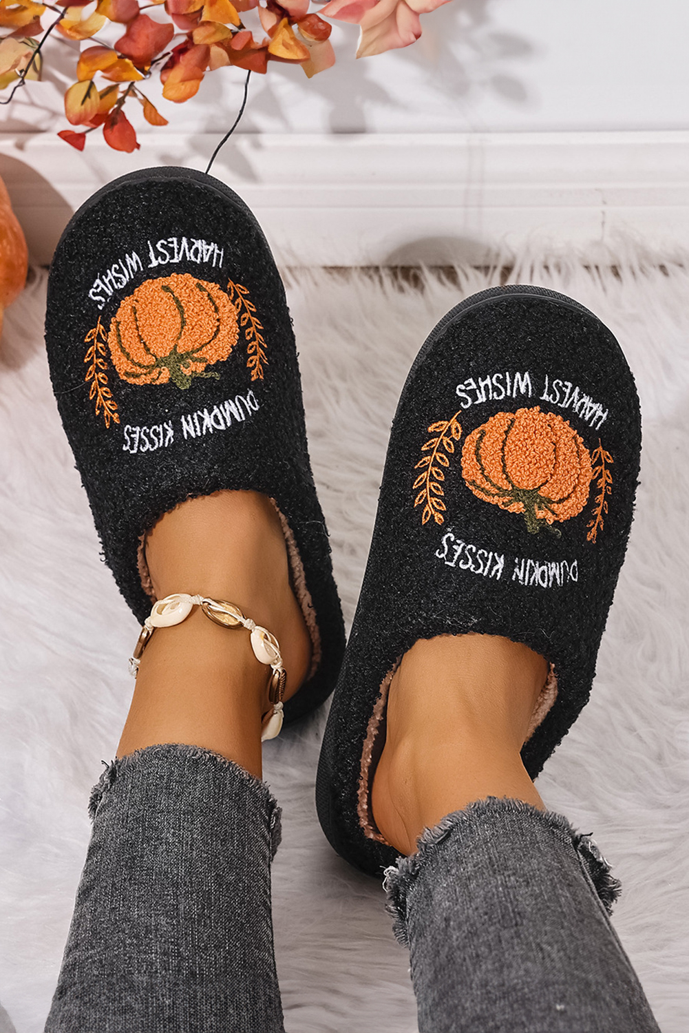 Black Pumpkin Harvest Pattern Cozy Fuzzy House Slippers - loveforevers