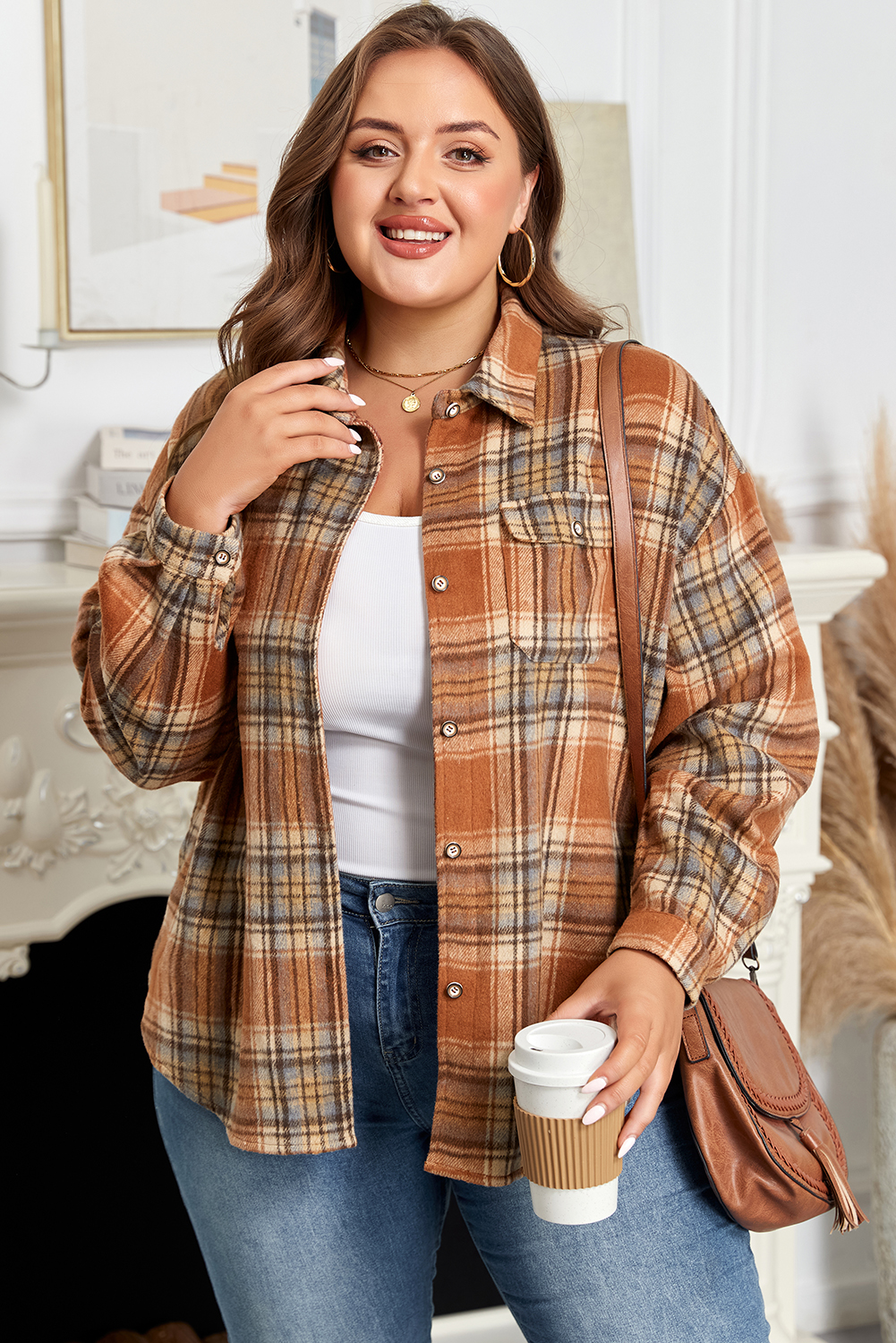 Brown Plaid Print Flap Pocket Buttoned Plus Size Shacket - loveforevers