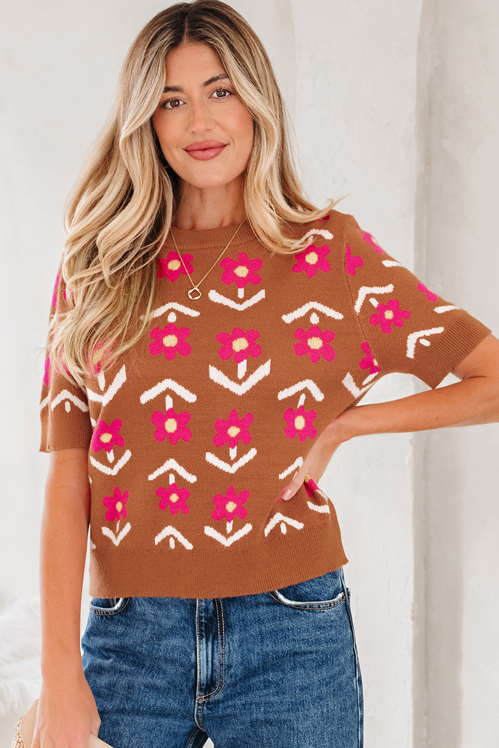 Brown Floral Short Puff Sleeve Sweater - loveforevers