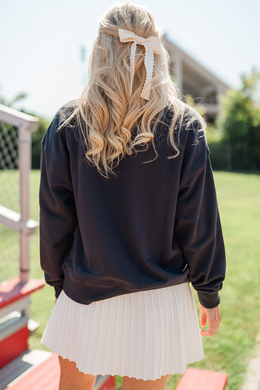 Black Chenille Game Day Graphic Drop Shoulder Sweatshirt - loveforevers
