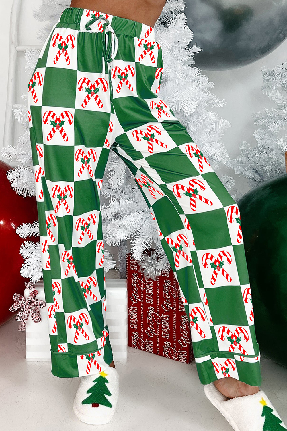 Green Holly Jolly Checkered Pattern 2pcs Long Pajama Set - loveforevers