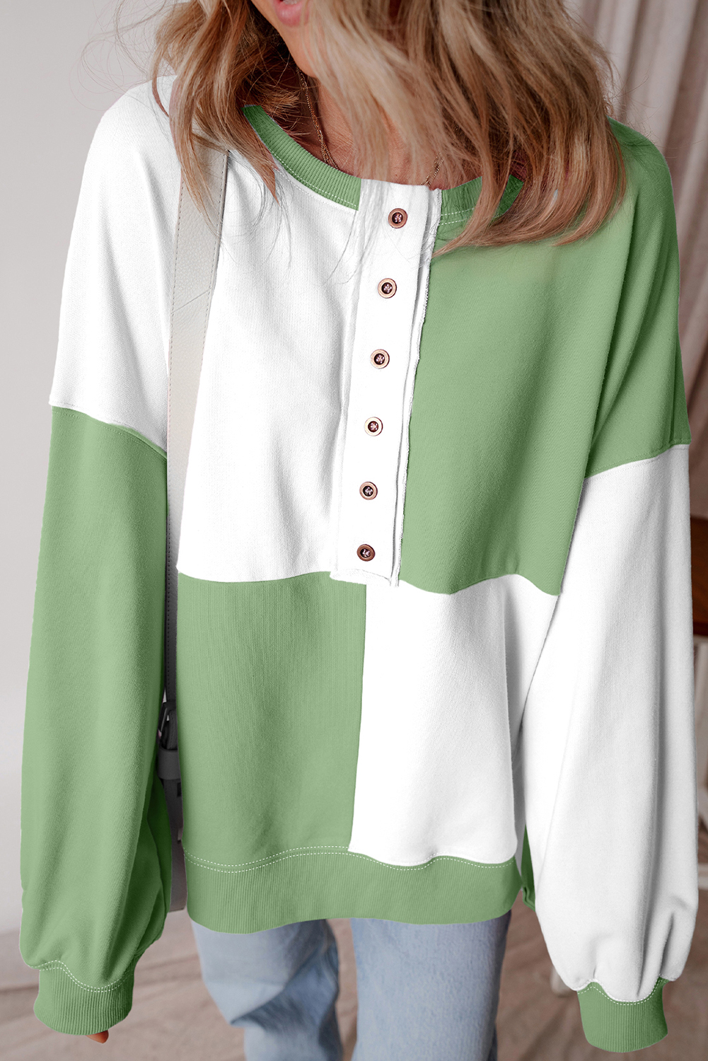Grass Green Colorblock Henley High Low Oversize Sweatshirt - loveforevers