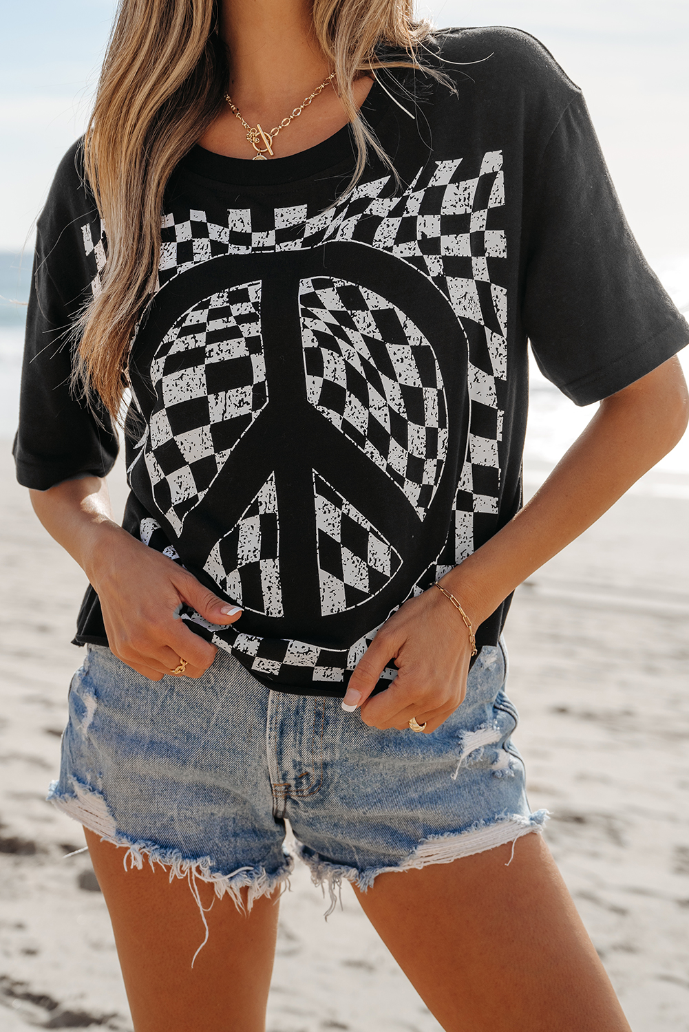 Black Checkerboard Peace Sign Printed Round Neck T Shirt - loveforevers