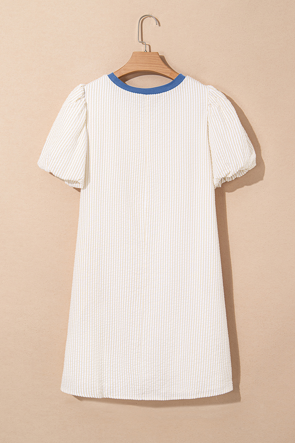 Beige Stripe Seersucker Contrast Round Neck Puff Sleeve T Shirt Dress - loveforevers