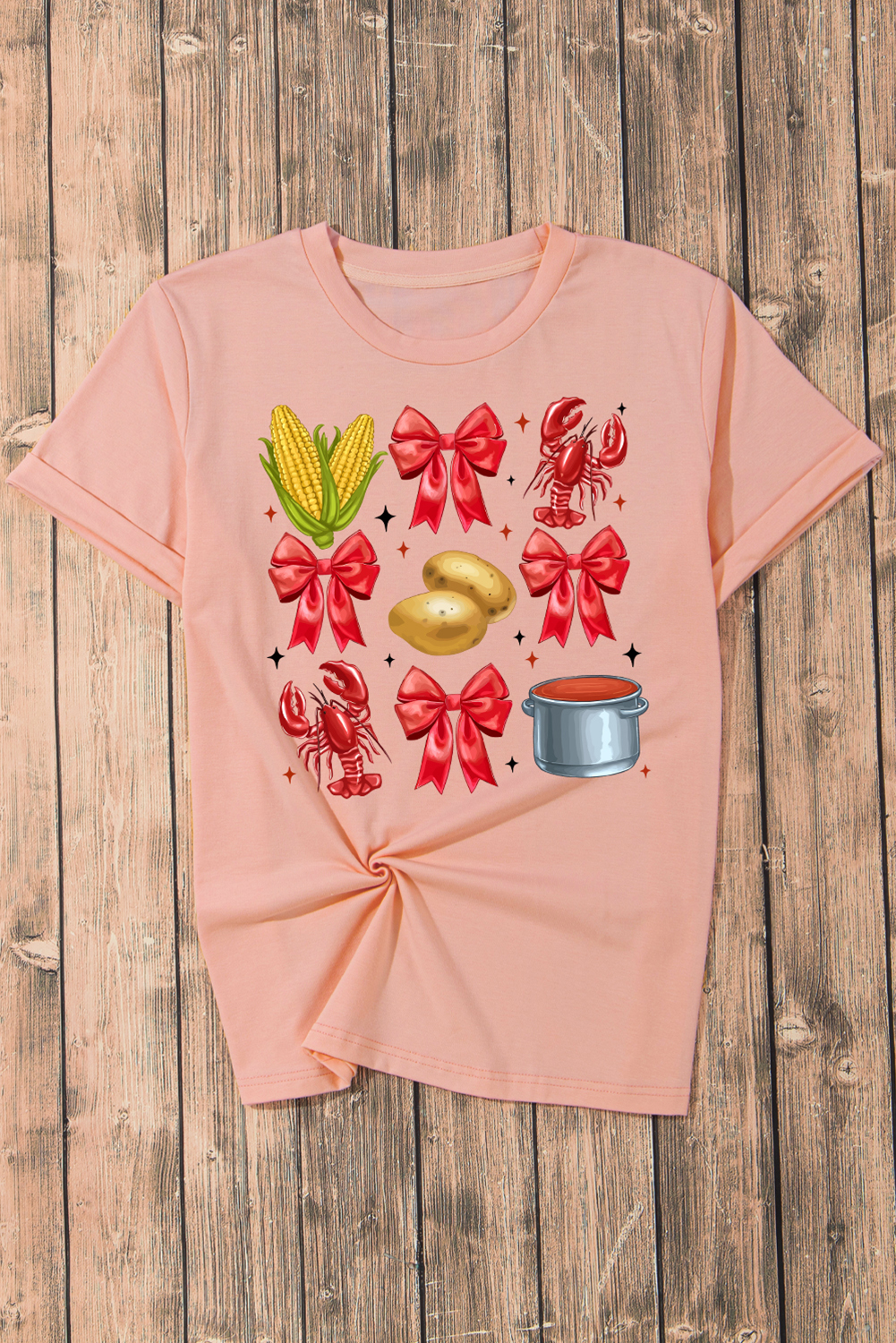 Pink Summer Food Bow Crawfish Printed T Shirt - loveforevers