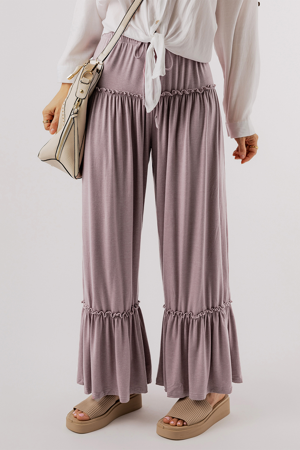 Khaki Frilled Drawstring High Waist Wide Leg Pants - loveforevers