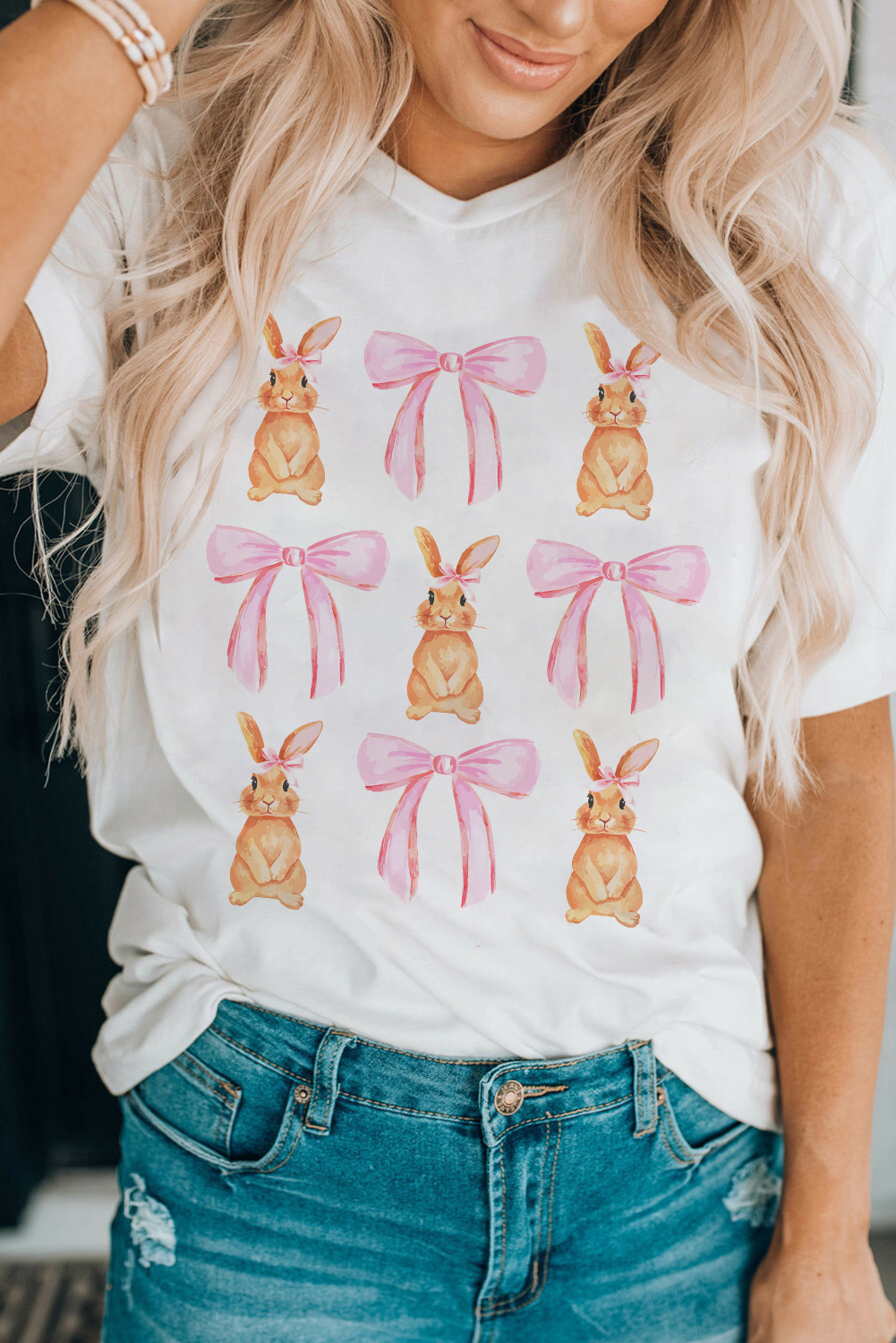 White Rabbit Bow Knot Print Crew Neck T Shirt - loveforevers