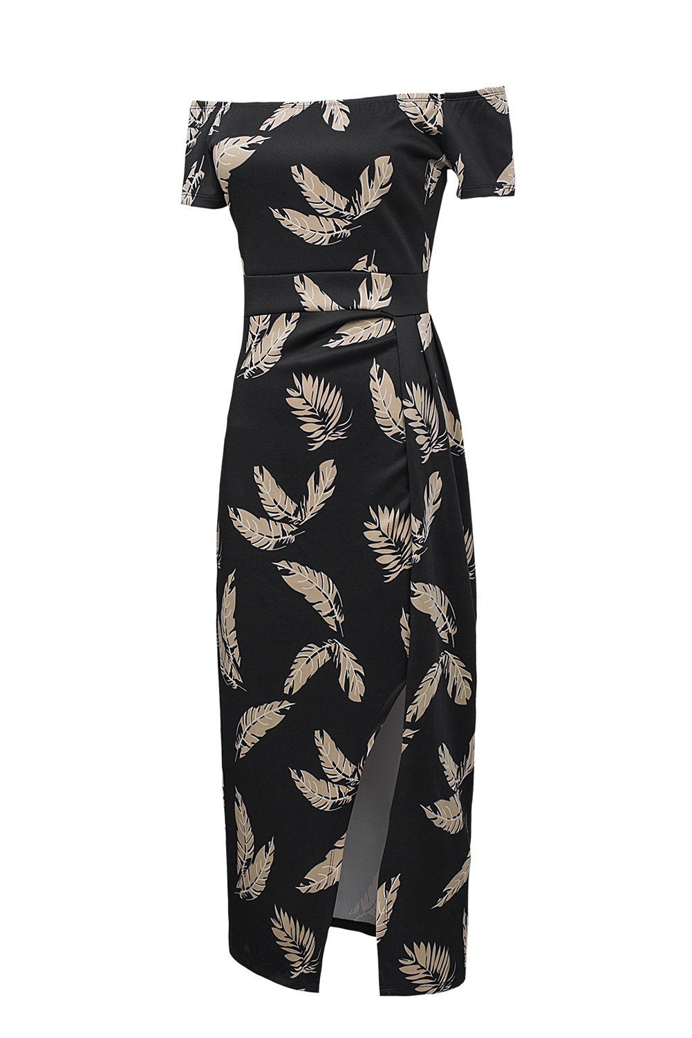 Black Pattern Print Off Shoulder Slit Bodycon Midi Dress - loveforevers