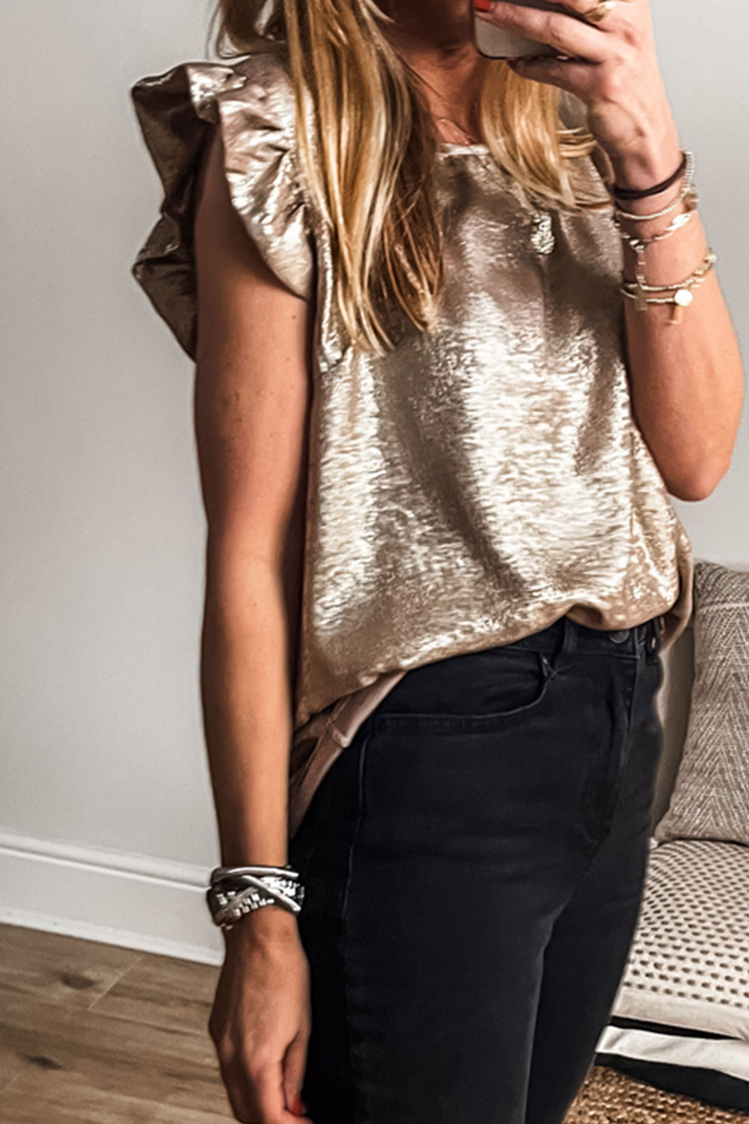 Apricot Metallic Round Neck Smocked Long Sleeve Blouse - loveforevers