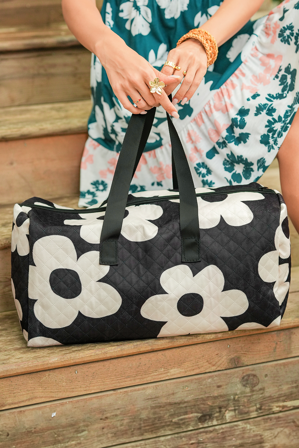 Black Flower Print Quilted Large Duffel Bag - loveforevers