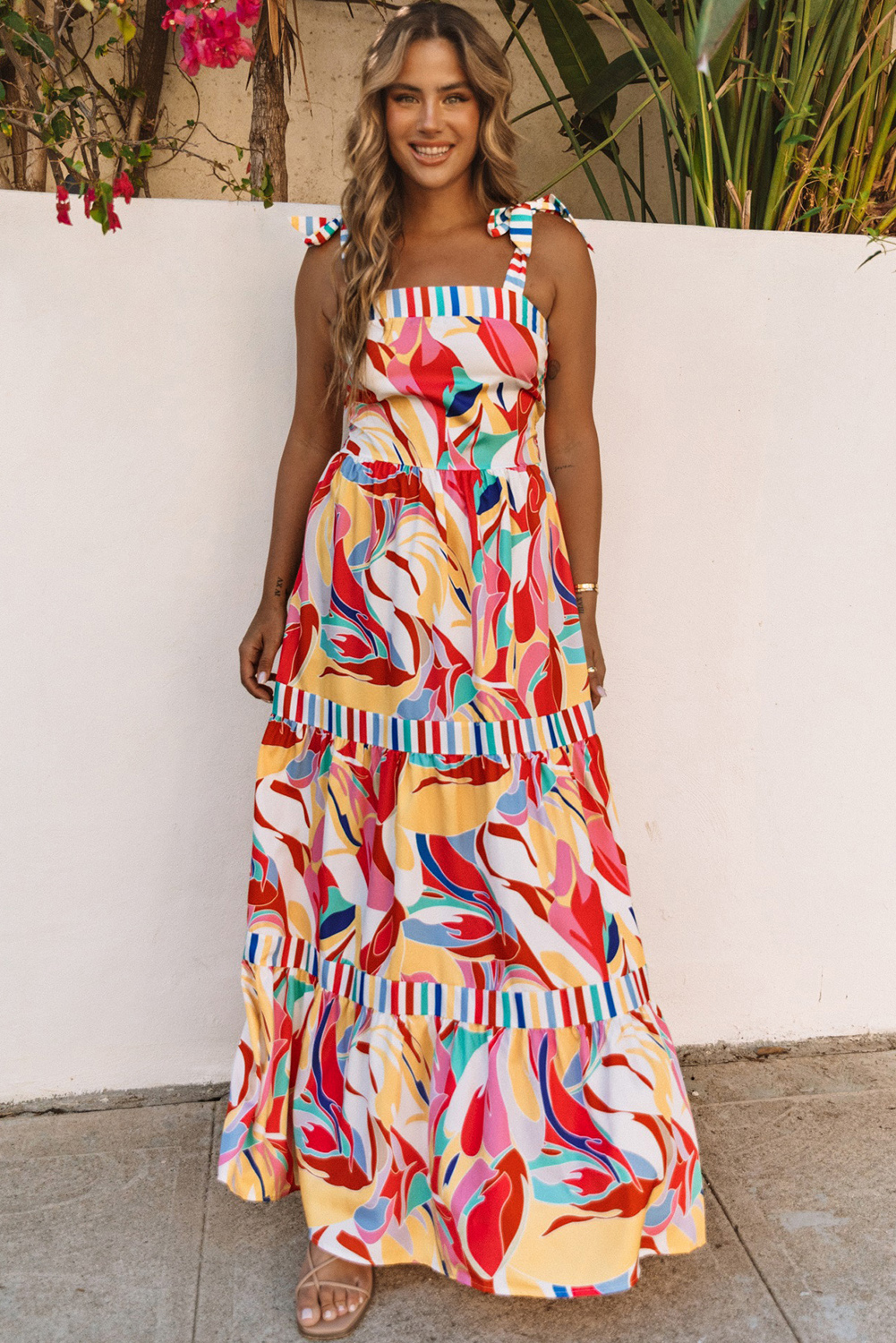 Multicolor Abstract Print Striped Trim Maxi Sundress - loveforevers