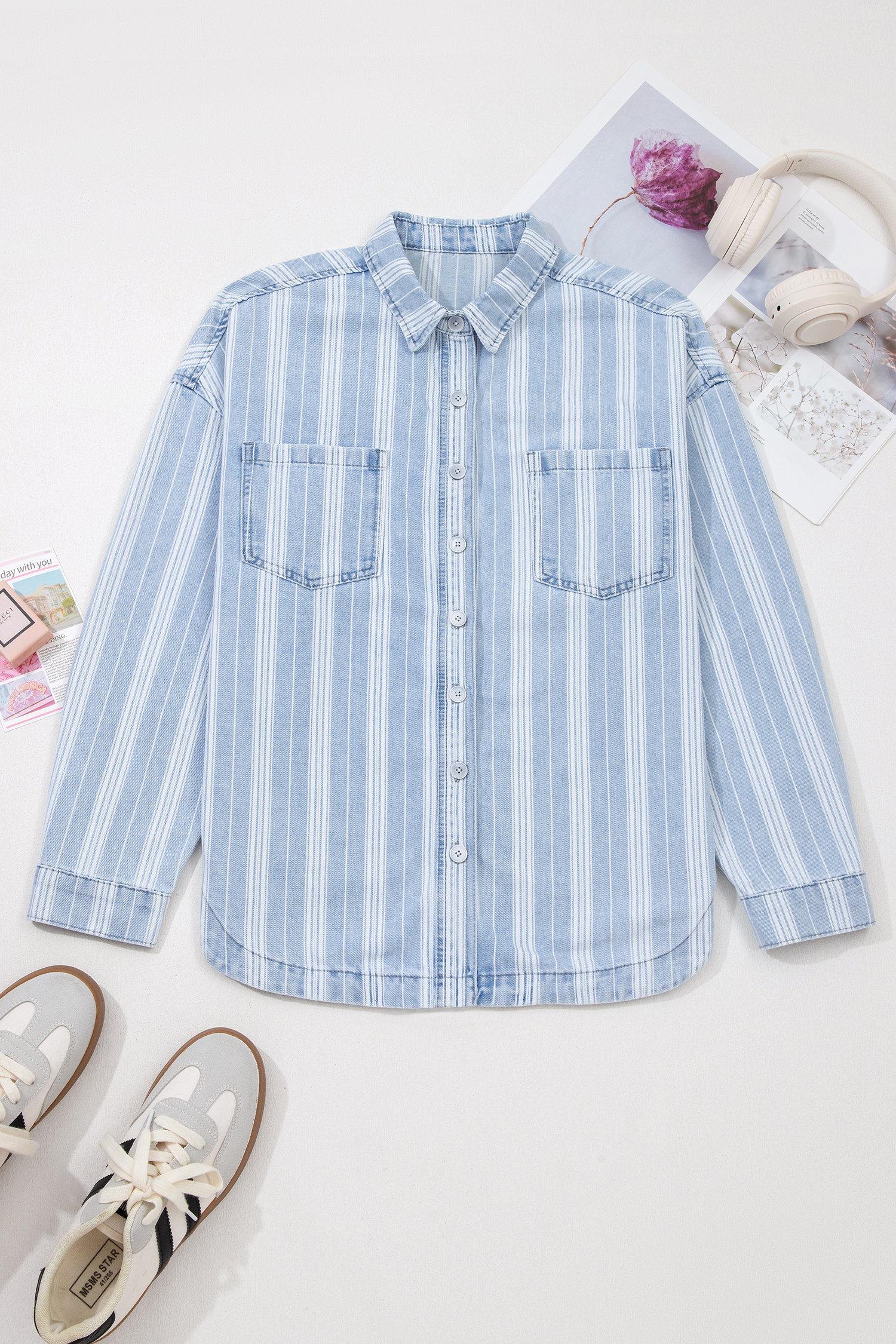 Sky Blue Stripe Boyfriend Chest Pocket Classic Denim Shacket - loveforevers