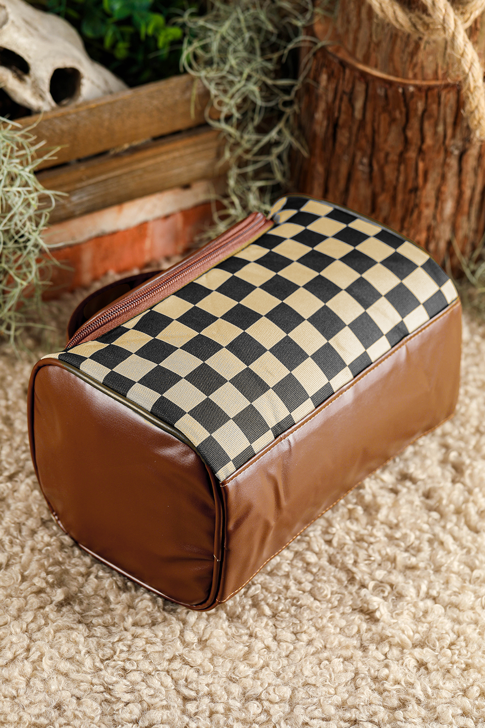 Black Checkered PU Leather Zipper Makeup Bag - loveforevers