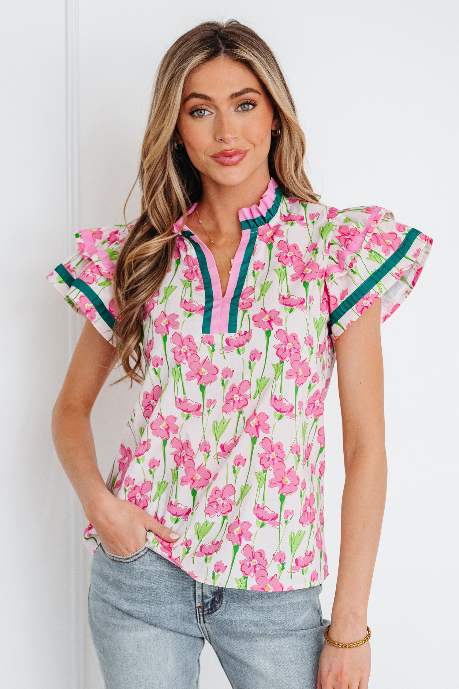 Pink Floral Print Contrast Trim V Neck Double Ruffled Short Sleeve Blouse - loveforevers