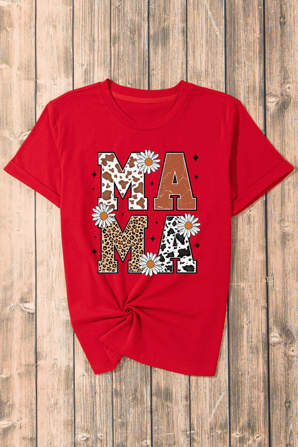 Red Western Animal Spots MAMA Letter Daisy Flower Printed Tee - loveforevers