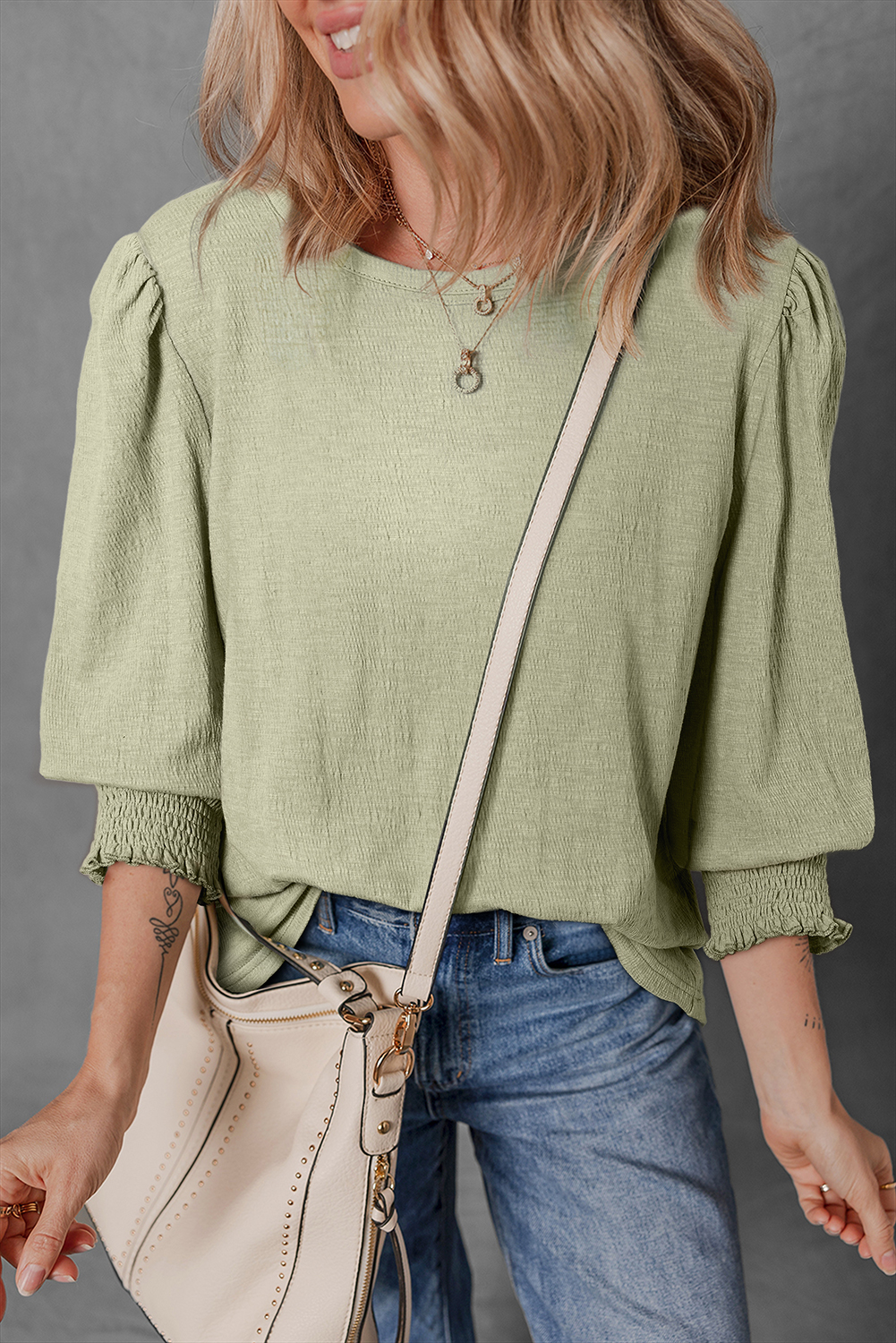 Laurel Green Textured Round Neck Half Sleeve Blouse - loveforevers