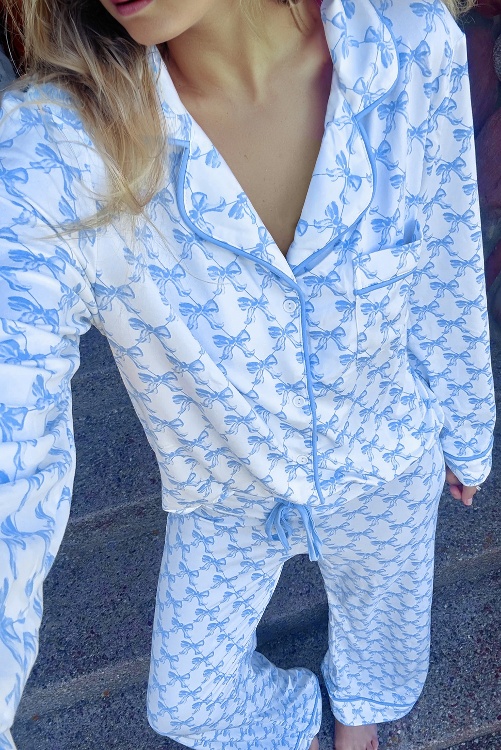 Sky Blue Bow Print Long Sleeve Shirt and Pants Soft Pajama Set - loveforevers
