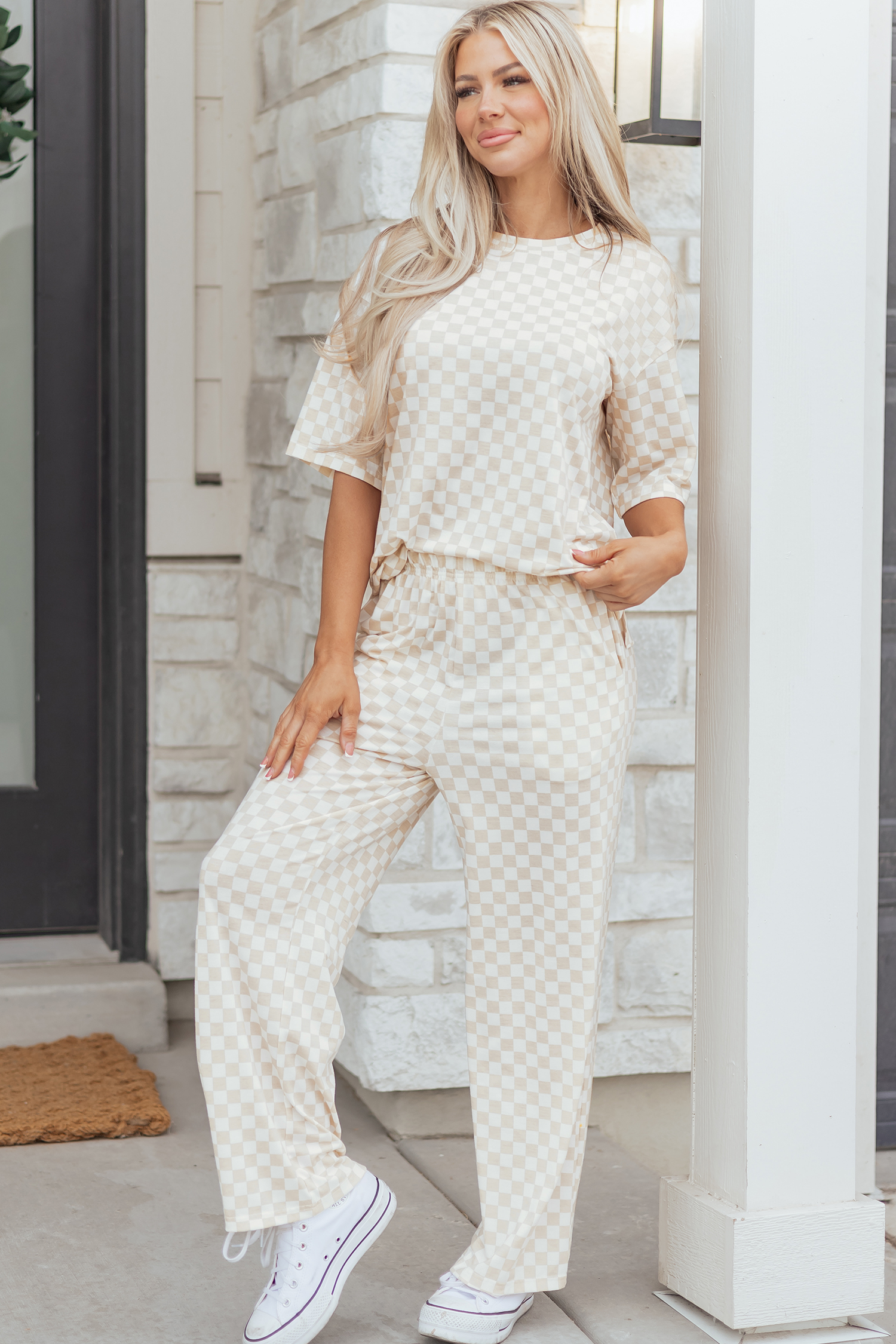 Khaki Checkered Print Half Sleeve Tee 2pcs Lounge Pant Set - loveforevers