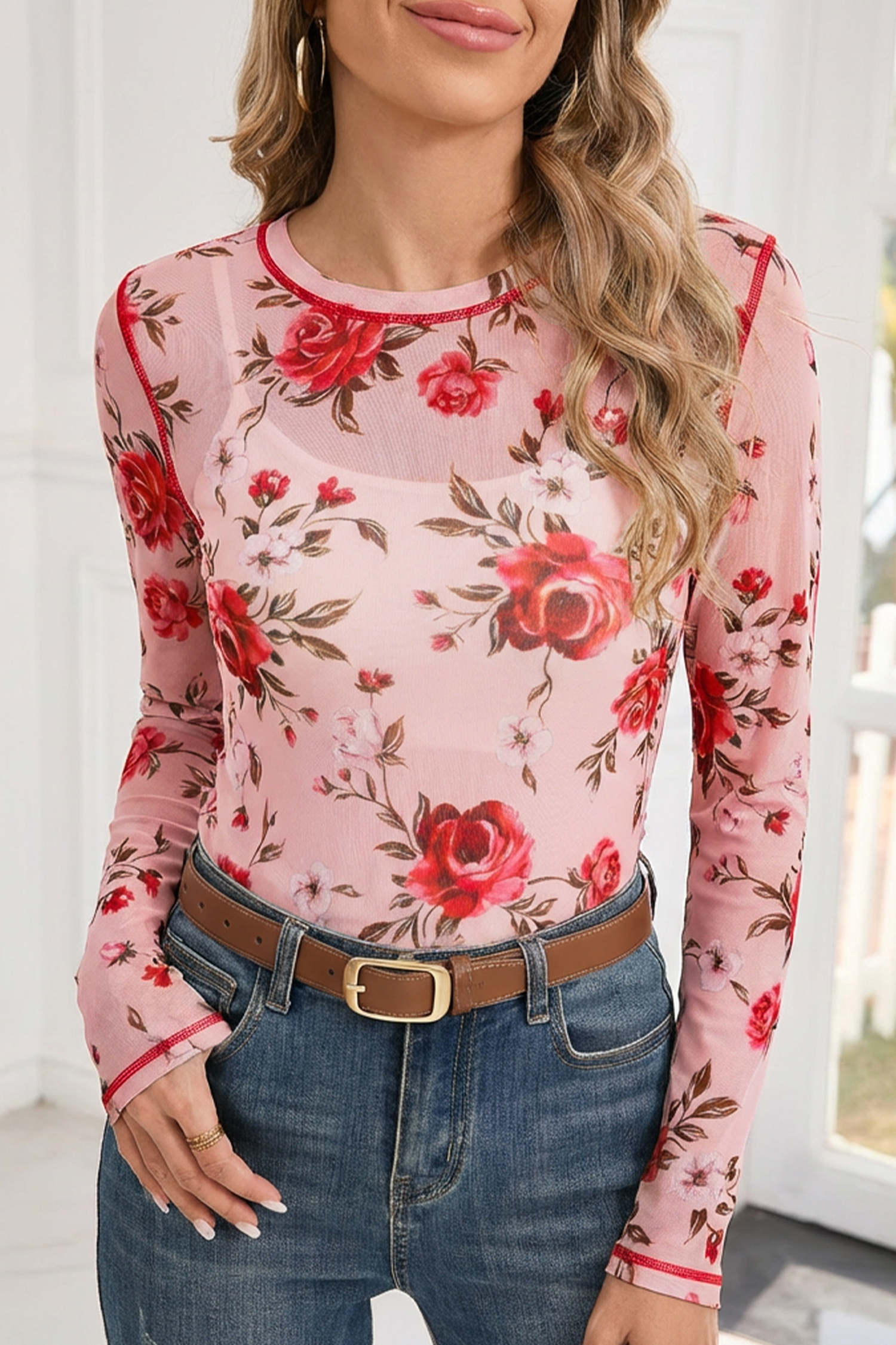 Pink Floral Print Exposed Seam Detail Mesh Long Sleeve Top - loveforevers