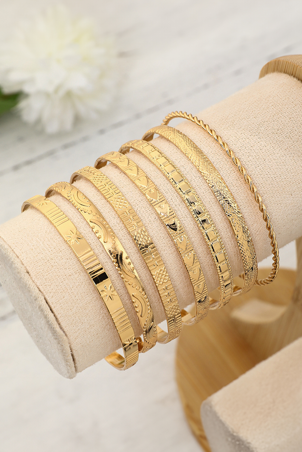 Gold 7pcs/set Textured Plated Open Alloy Bangle Set - loveforevers