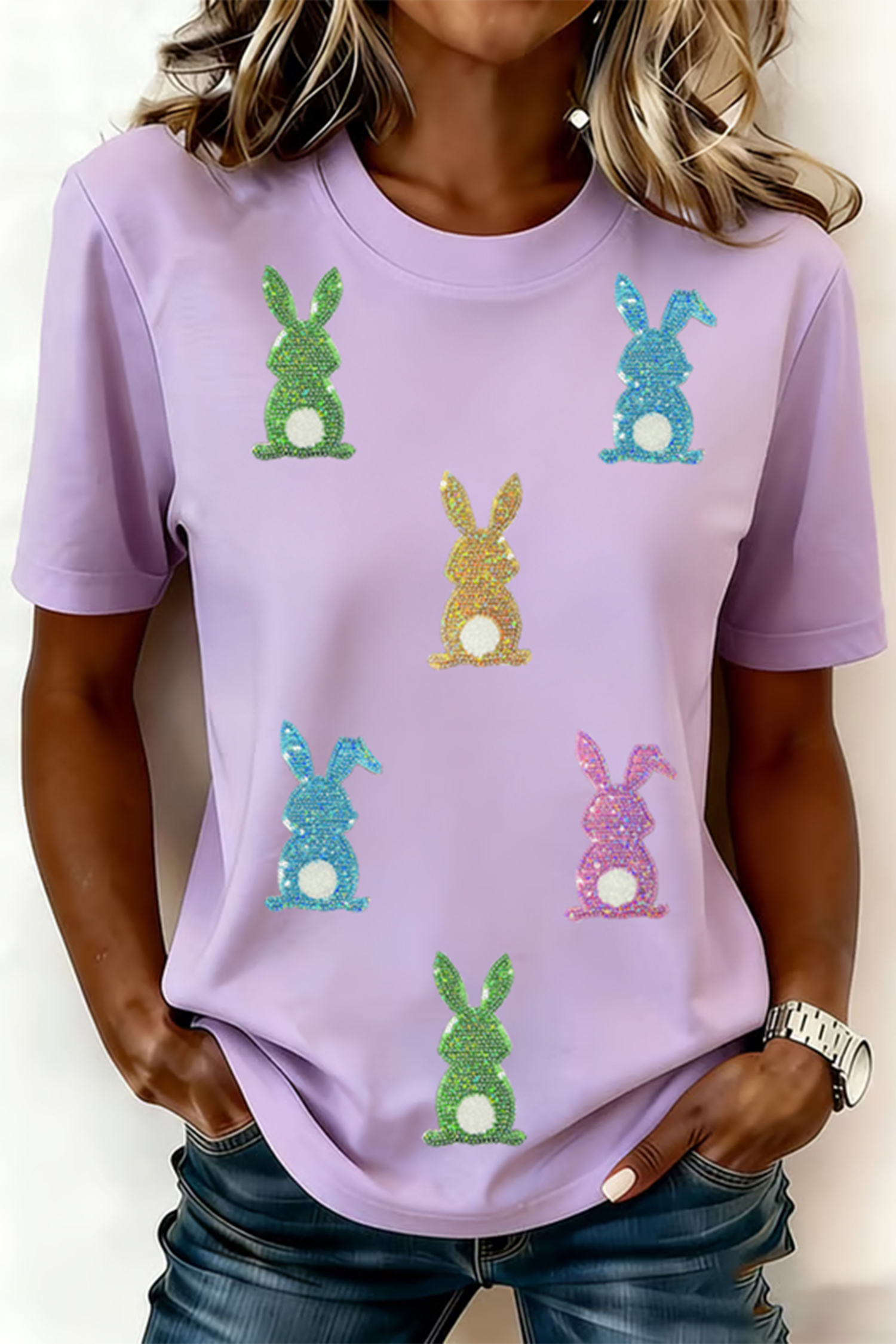 Wisteria Sequin Easter Bunny Patched Tee - loveforevers